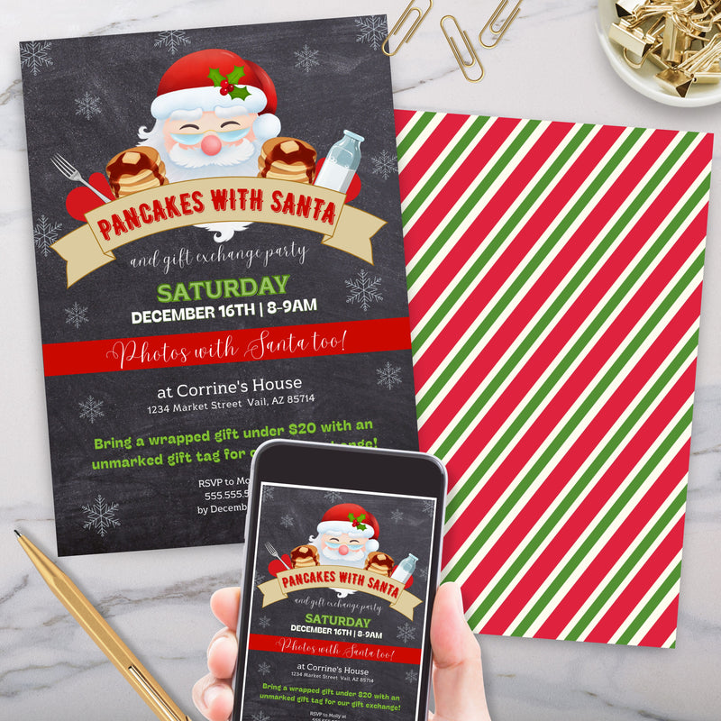 cute pancakes with santa party invitations for holiday gift exchange party for kids