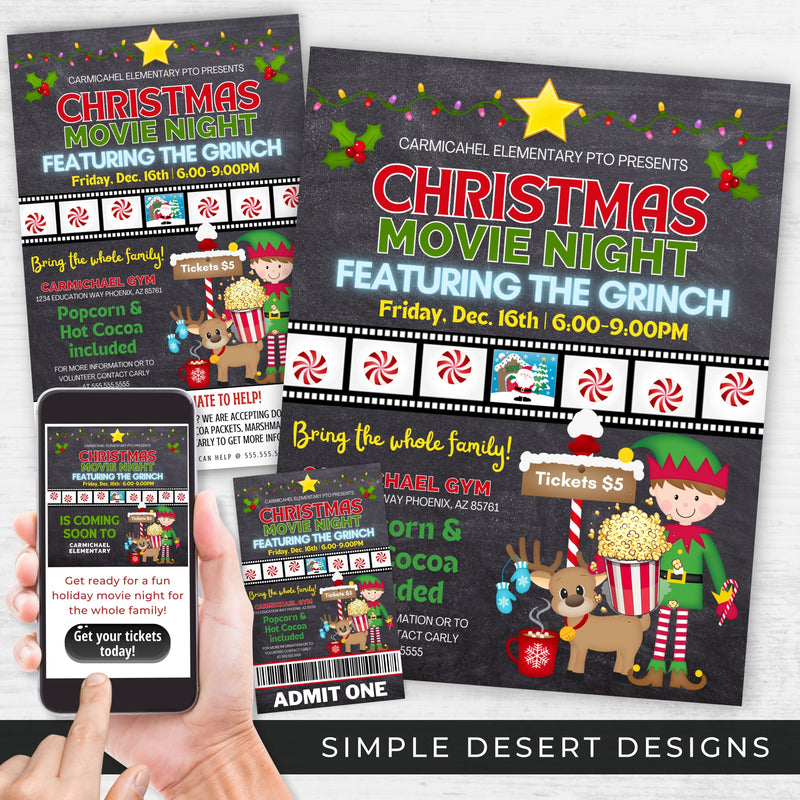 colorful christmas movie night invitation flyers and tickets for fun family movie night or holiday fundraiser idea