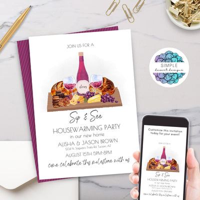 charcuterie dinner party house warming invitation with modern handwritten script