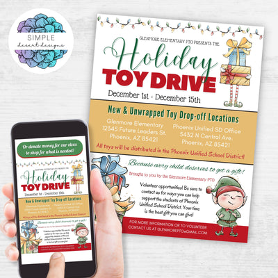 cute holiday toy drive flyers with whimsical elves