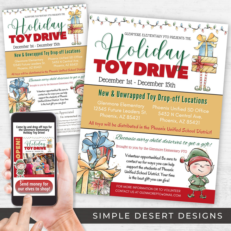 whimsical holiday toy drive flyers bundle