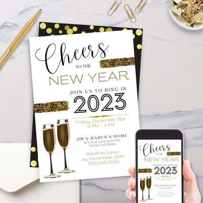 customizable new years eve party invitations with elegant gold and black theme