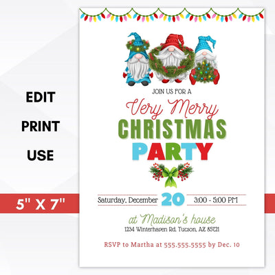 gnome christmas party invitation editable