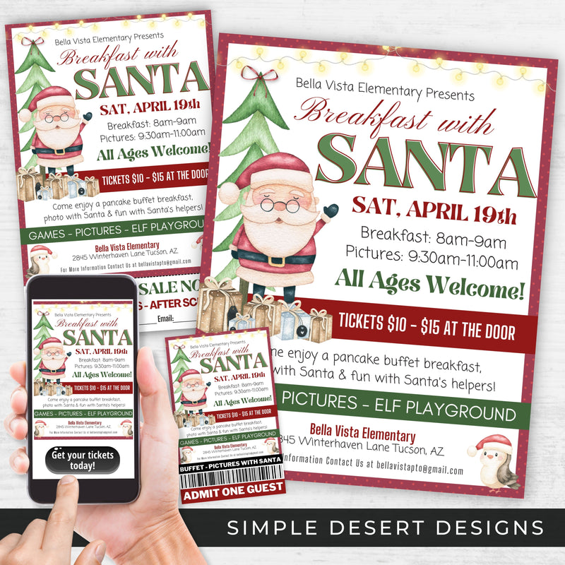 cute whimsical breakfast with santa claus flyers  and ticket template bundle