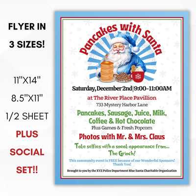 cute blue santa claus flyers for breakfast with santa event