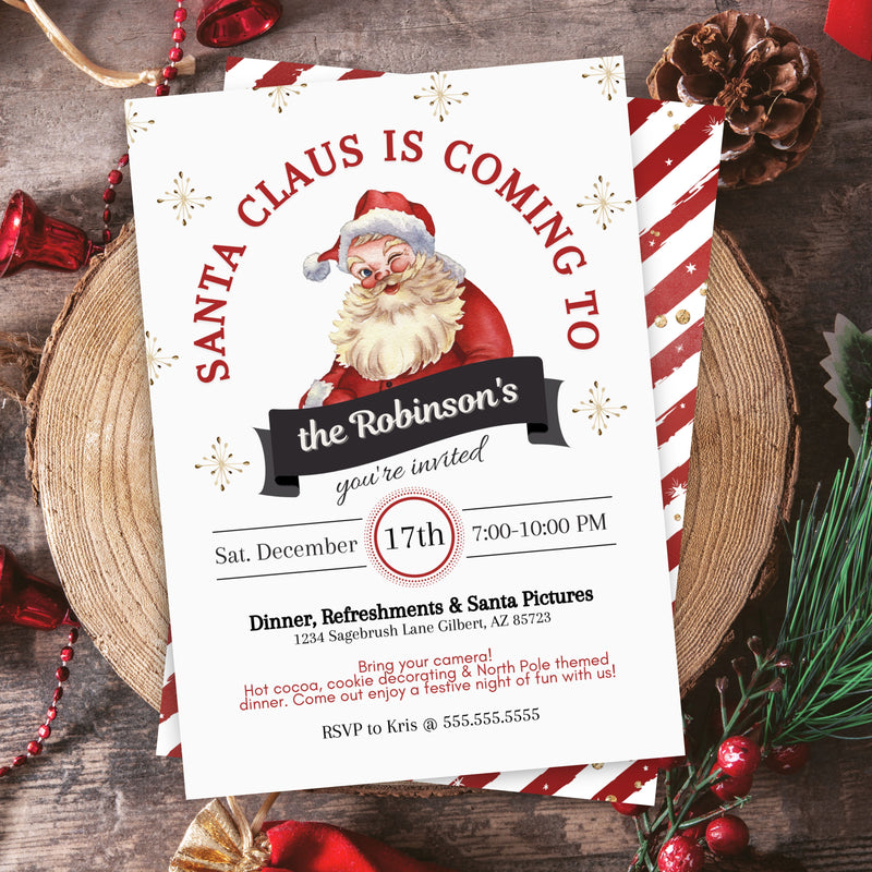 vintage christmas party invitation with retro santa and fun banner design for holiday party or office party for corporate celebration