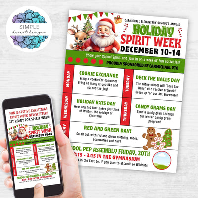 personalized spirit week flyer newsletter insert with space for logo or without in 2 included templates