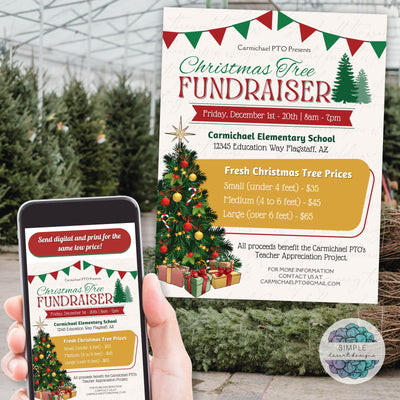 persoanlized christmas tree fundraiser flyer with space for prices charity organization and more