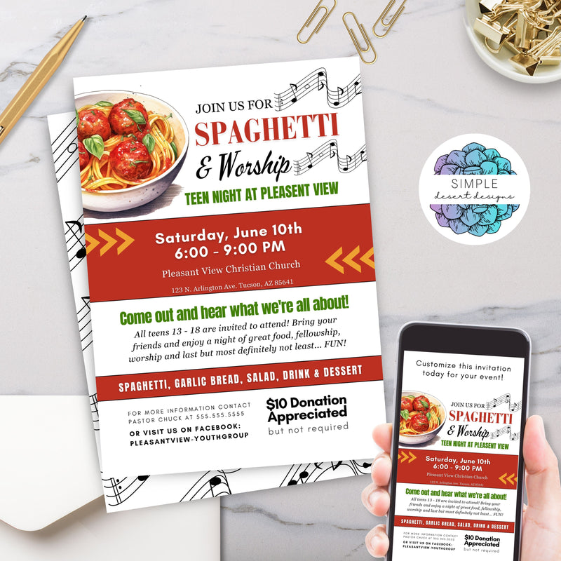 church youth group worship team spaghetti dinner invitation