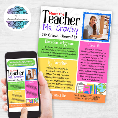 bright color block photo meet the teacher newsletter flyers