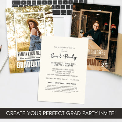 customizable graduation invitation for high school or college seniors with single photo used twice for trendy modern design