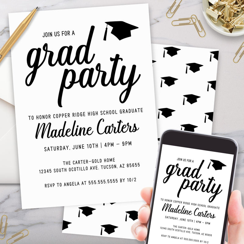 minimalist black and white theme commencement invitation template for graduation party