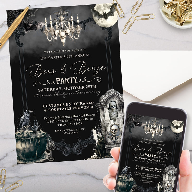 funny and creepy boos and booze halloween party invitation for adult party invites