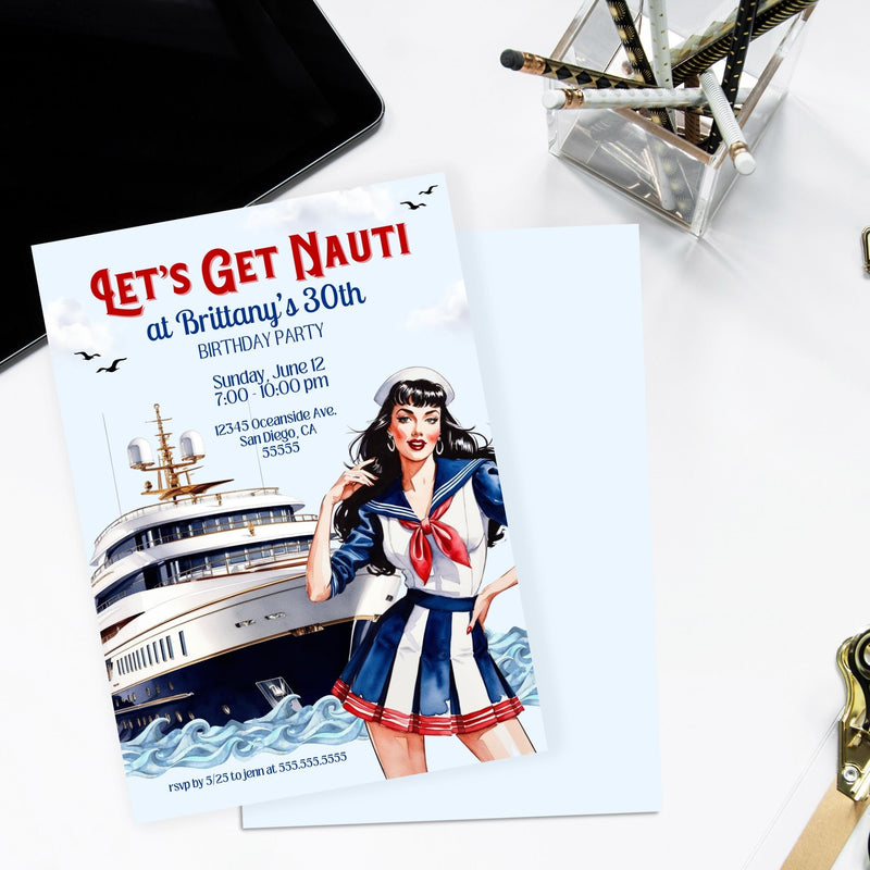 girl woman female sailor in front of yacht cruise boat for birthday party invitation