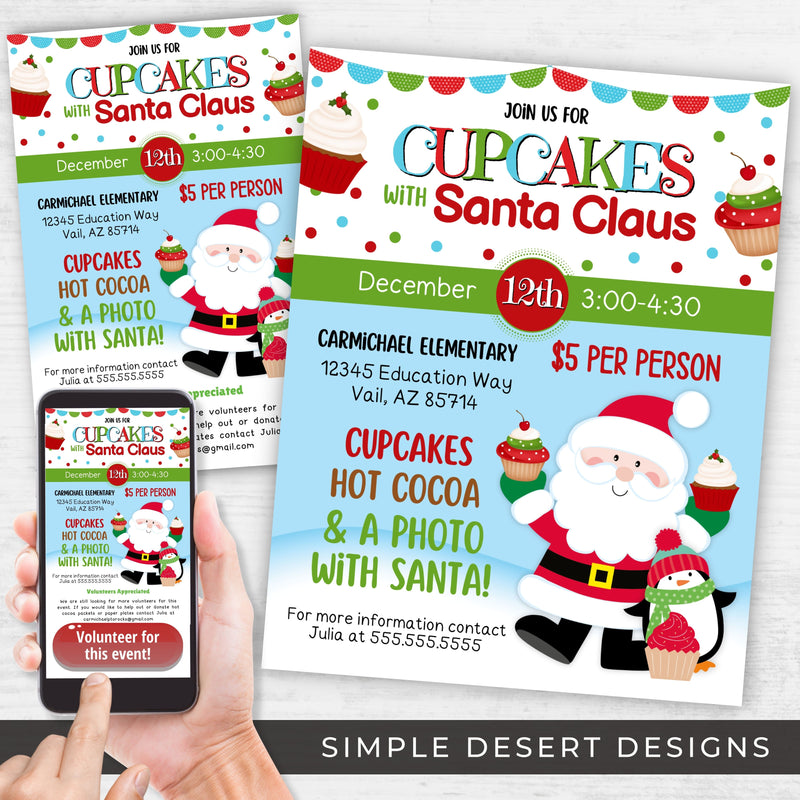 cute christmas themed cupcakes with santa claus event flyer for parent engagement activity at school or church