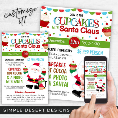 fun winter fundraiser flyers for cupcakes with santa claus event