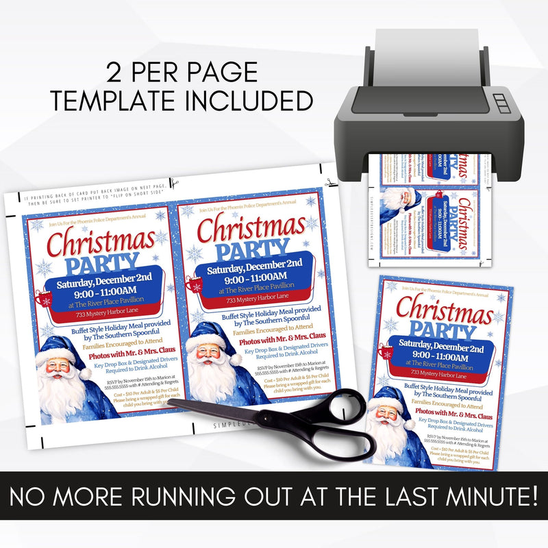 diy blue santa claus christmas party invitations