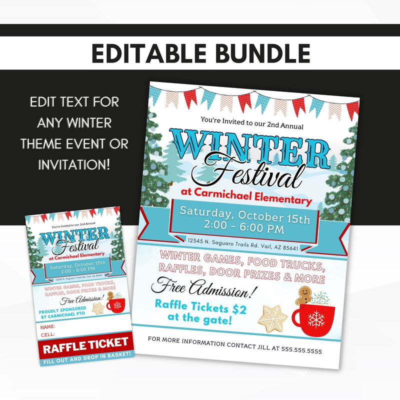 custom diy style winter festival flyers and raffle tickets bundle for school church community events