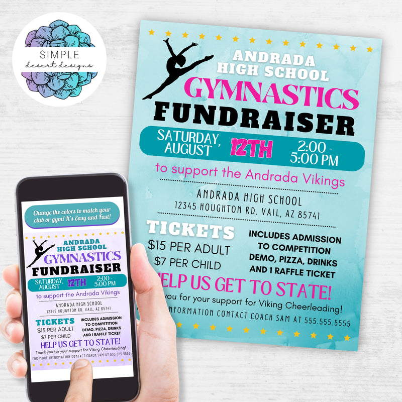 match your team club or gym colors with this customizable gymnastics fundriaser flyer