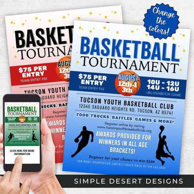 personalize the colors on this basketball tournament flyer for any basketball fundraiser event