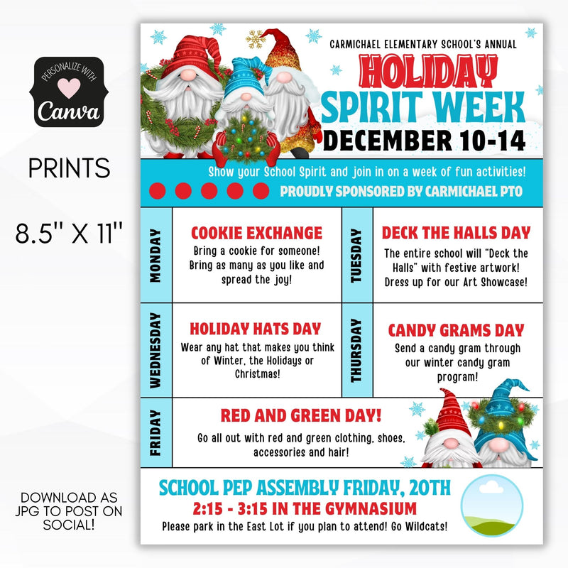 holiday spirit week itinerary sign flyer template