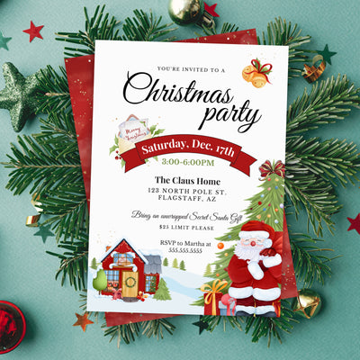 cute christmas party invitation with santa presents and jingle bells scene