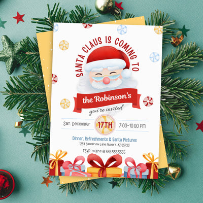 cute kids christmas party invitation with santa and presents