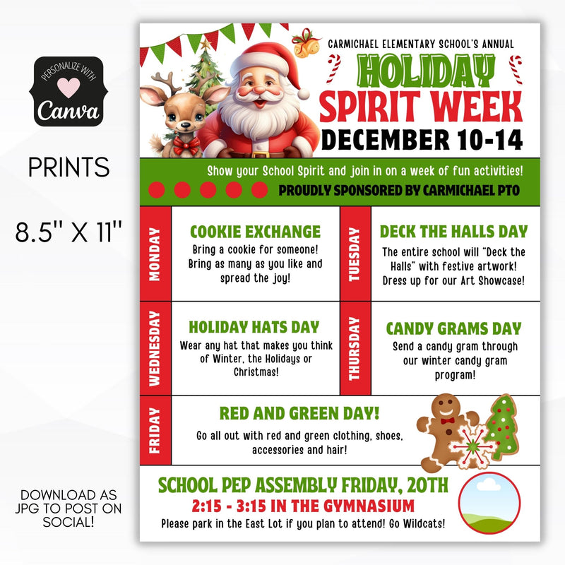 fun personalized christmas spirit week with santa and reindeer with logo image space included