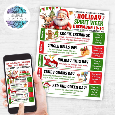 festive holiday christmas spirit week schedule for schools work church with santa and reindeer