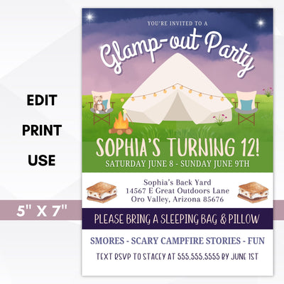 backyard glamping glamp out party invitation