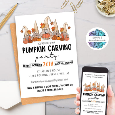 cute fall themed gnome pumpkin carving party invitations for kids and adults