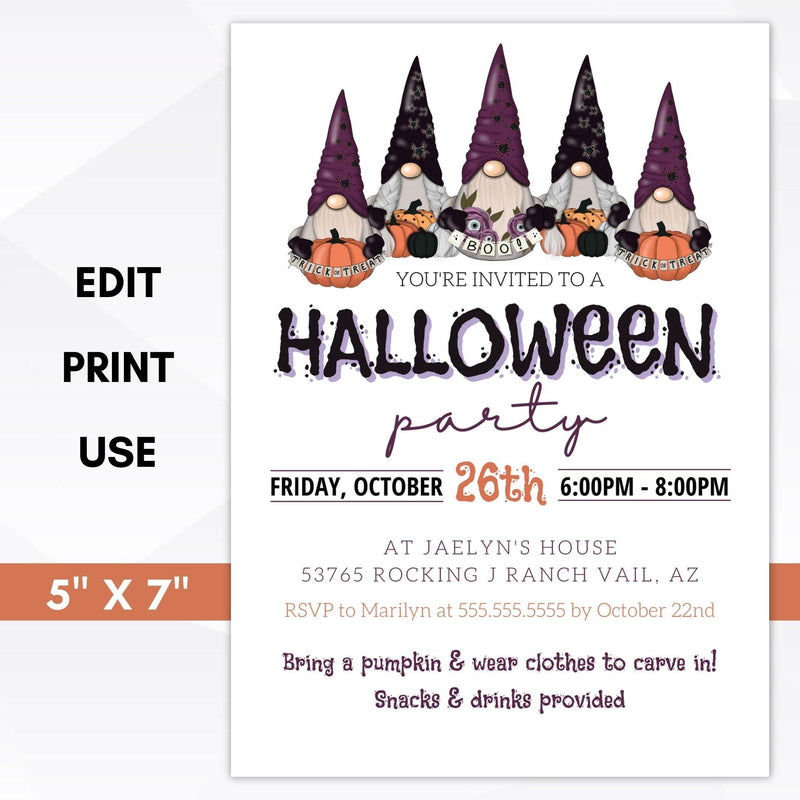 editable halloween gnome party invitation printable template