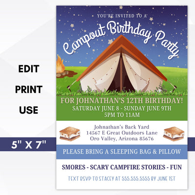 backyard campout birthday party invitations