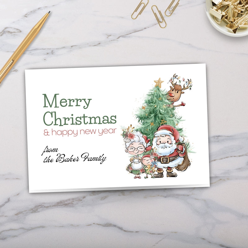 cute santa mrs claus little elf reindeer christmas tree merry christmas cards personalized