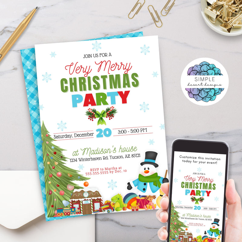 cute very merry chriatms party invitaiton with christmas tree, toys and snowman