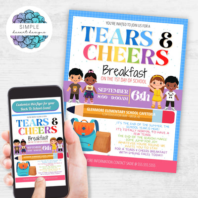 colorful back to school tears and cheers event flyer for school principals and pto