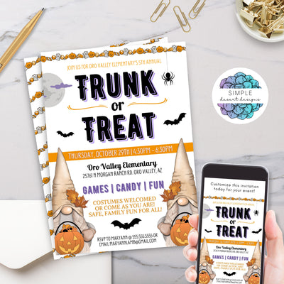 halloween trunk or treat party invitations with cute gnomes and fall theme graphics