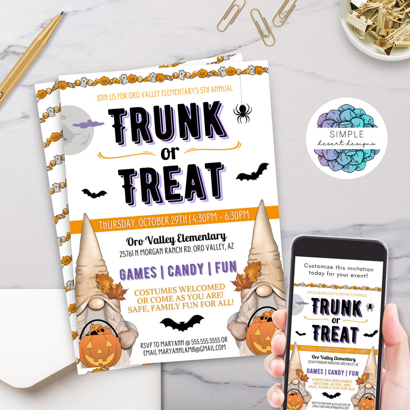 halloween trunk or treat party invitations with cute gnomes and fall theme graphics