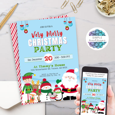 customizable christmas party invitation with santa and his friends