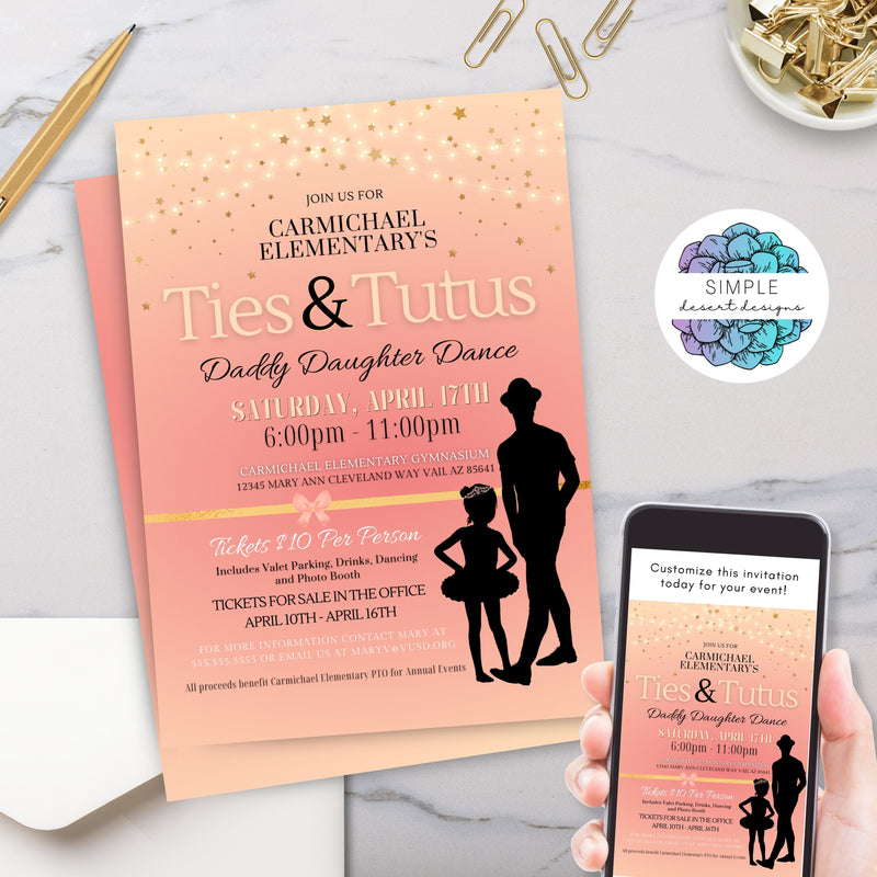 coral and gold ties and tutus theme father daughter school dance invitations