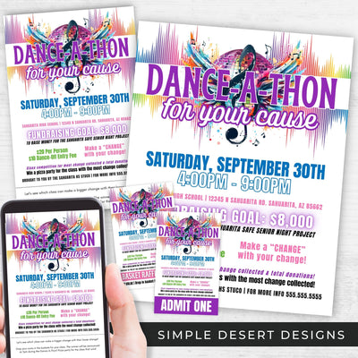 bold colorful dance a thon fundraiser benefit event for charity bundle with flyers and ticket templates