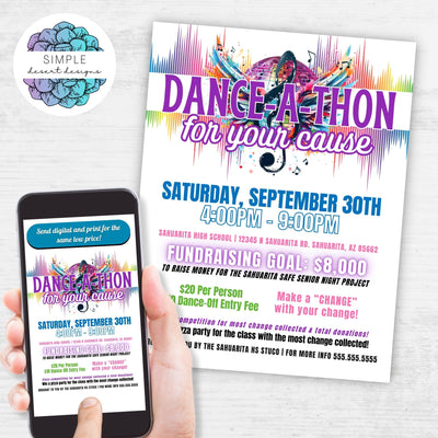 colorful modern dance-a-thon fundraiser flyers for charity benefit fundraiser or school dance