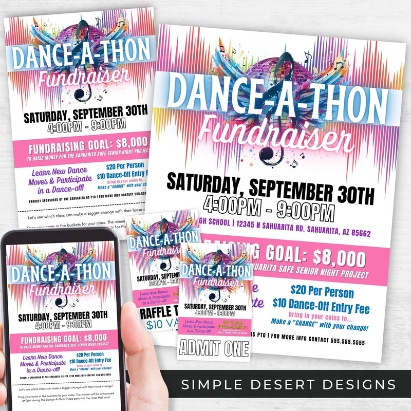 customizable danceathon fundraiser flyers poster and ticket template bundle