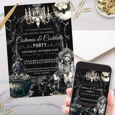 unique halloween party invitation with gothic theme for costume party or cocktails and dinner party for adults