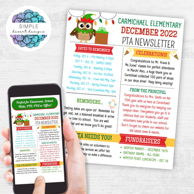 customizable christmas holiday december newsletter template for shcools classroom teacher counselor office business