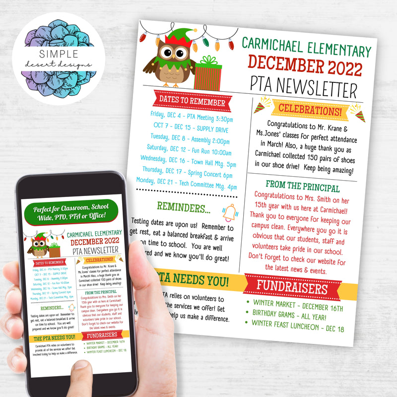 customizable christmas holiday december newsletter template for shcools classroom teacher counselor office business