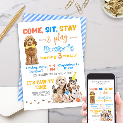 fun colorful dog theme puppy birthday party invitation