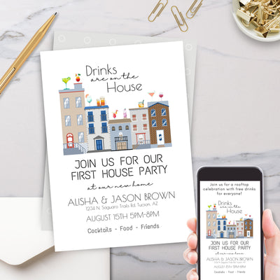 modern drinks on the house housewarming party or rooftop dinner party invitations