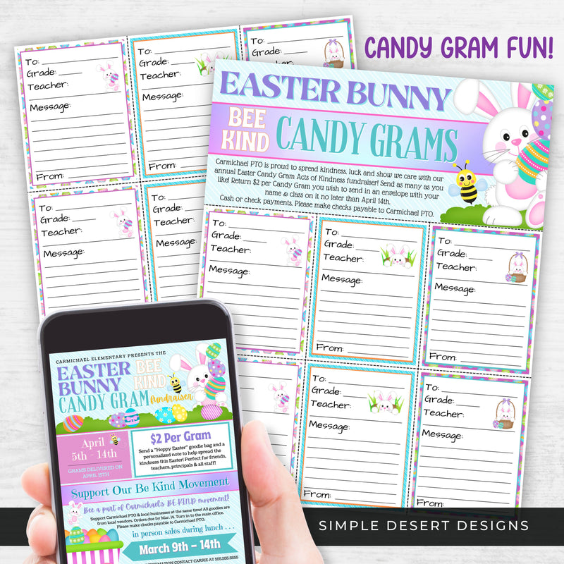 personalized all in one easter bunny be kind theme candy gram fundraiser bundle with flyer poster and candy gram sheets