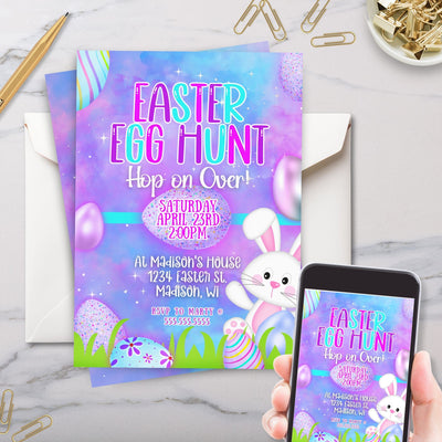 neon purple pink teal turquoise easter egg hunt party for girls invitations